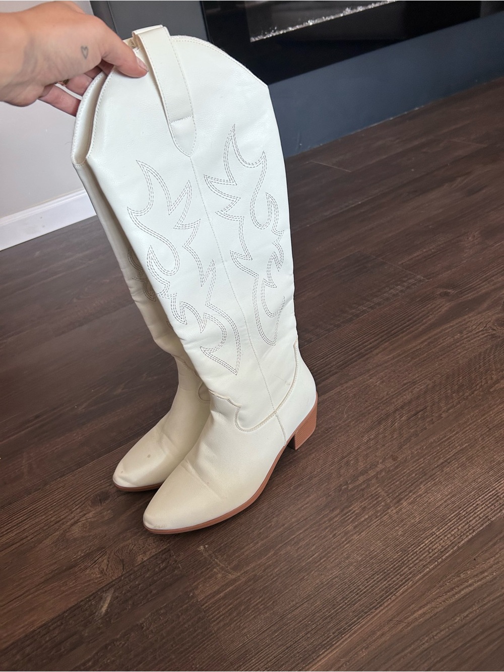 Amazon Cream Over-the-Knee Western Boots with Embroidered Detail